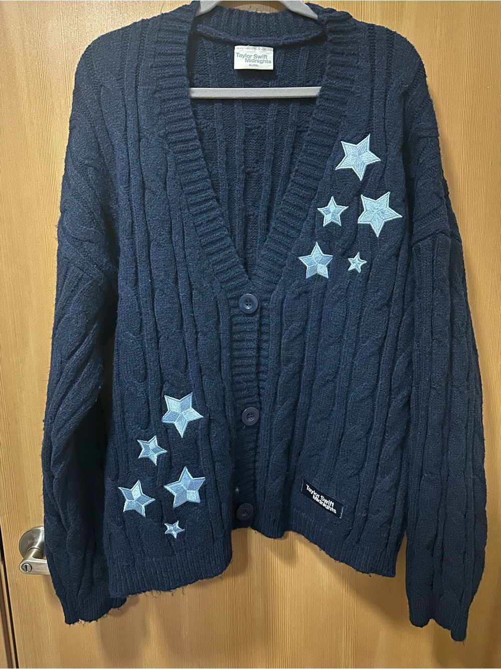 Taylor Swift Midnights Navy Cable Knit Cardigan with Light Blue Star Appliqués